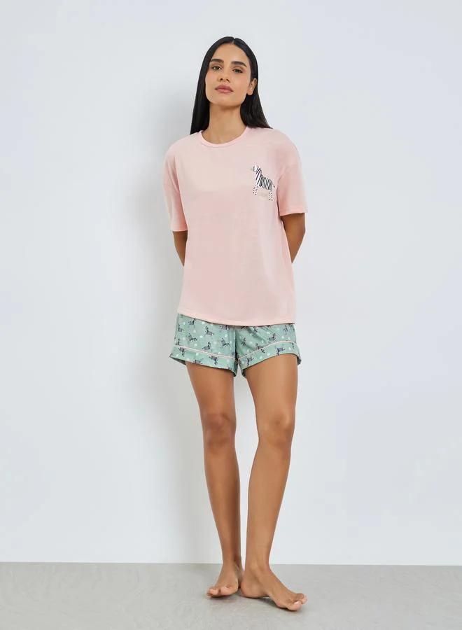 Styli Zebra Graphic Drop Shoulder T-Shirt and Shorts Set