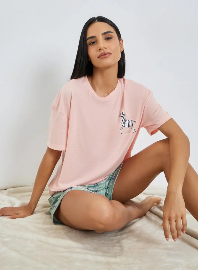 Styli Zebra Graphic Drop Shoulder T-Shirt and Shorts Set