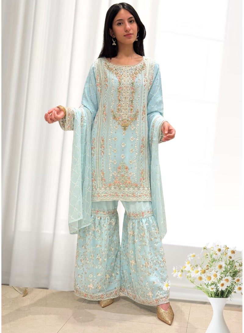 وينشيلز قميص شيفون نقي مطرز ومزخرف مع غرّارة ودوباتا | متوسط ​​| أزرق فاتح - Image 1