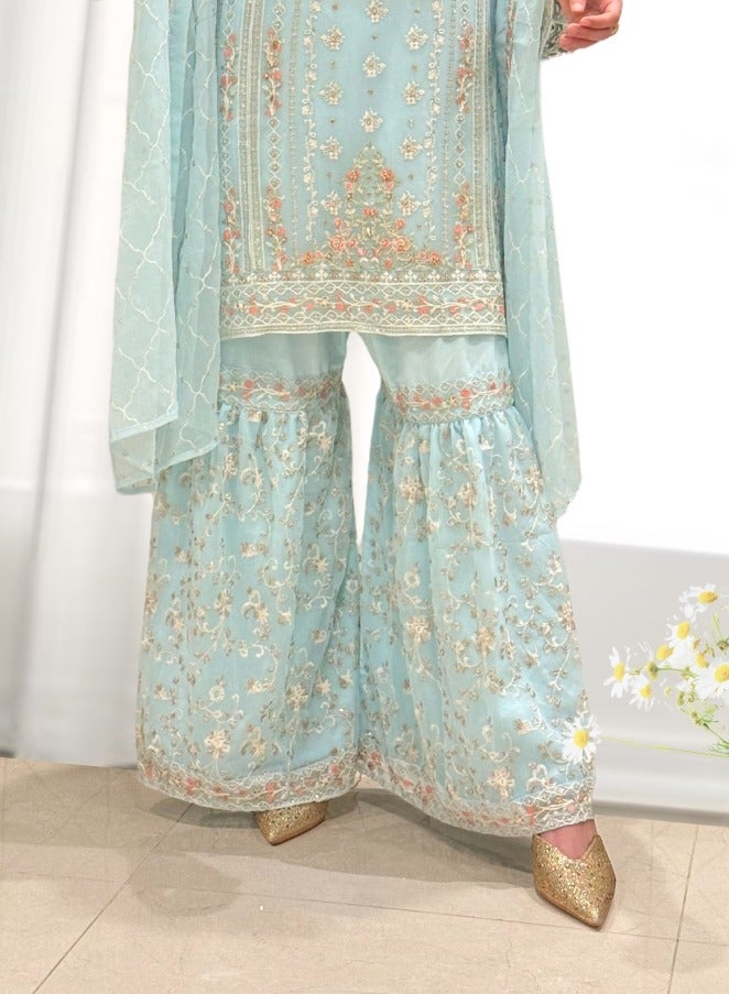 وينشيلز قميص شيفون نقي مطرز ومزخرف مع غرّارة ودوباتا | متوسط ​​| أزرق فاتح - Image 3