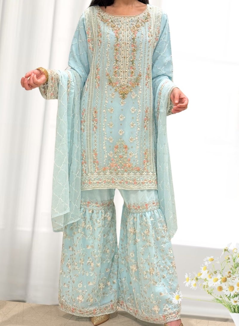 وينشيلز قميص شيفون نقي مطرز ومزخرف مع غرّارة ودوباتا | متوسط ​​| أزرق فاتح - Image 2