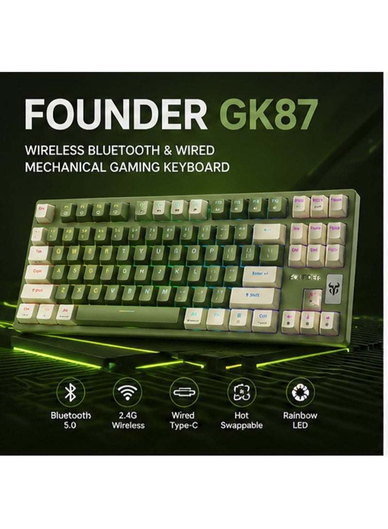 founder GK87 Wireless Bluetooth & Wired Gaming Mechanical Keyboard – Hot Swappable Red Switches, Rainbow LED 11 Modes & Side Lighting (Dark Green) - Image 2