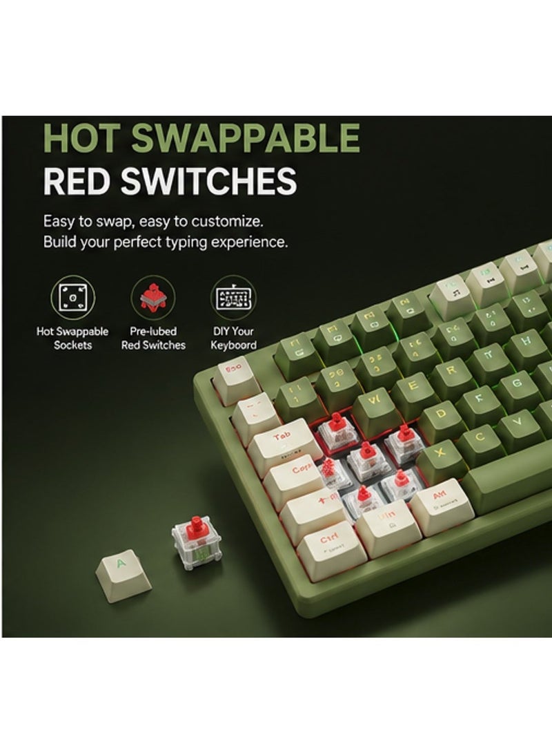 founder GK87 Wireless Bluetooth & Wired Gaming Mechanical Keyboard – Hot Swappable Red Switches, Rainbow LED 11 Modes & Side Lighting (Dark Green) - Image 4