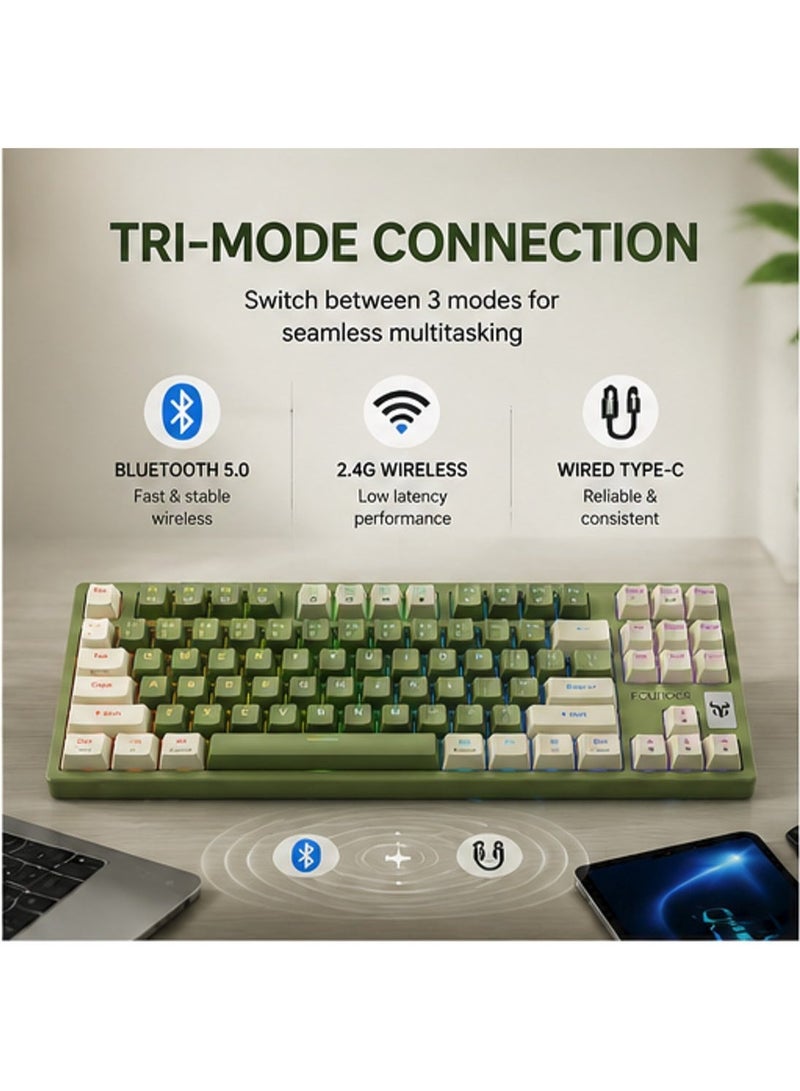 founder GK87 Wireless Bluetooth & Wired Gaming Mechanical Keyboard – Hot Swappable Red Switches, Rainbow LED 11 Modes & Side Lighting (Dark Green) - Image 3
