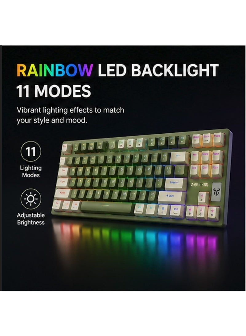 founder GK87 Wireless Bluetooth & Wired Gaming Mechanical Keyboard – Hot Swappable Red Switches, Rainbow LED 11 Modes & Side Lighting (Dark Green) - Image 5