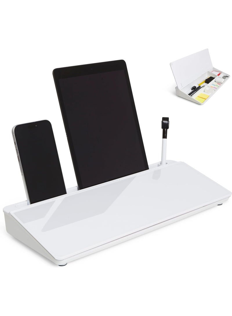 Desktop Dry Erase Board with Storage White Keyboard Whiteboard Glass White Board Whiteboard Desk top Organizer Desk Board Buddy Phone Tablet Holder Office Accessories 15.8 X 7 X 2 inches - Image 1