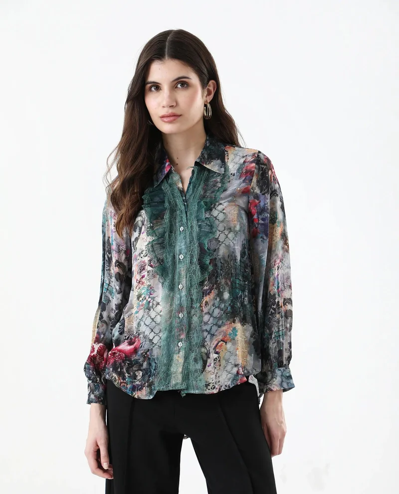 Rareism Women's Printed Shirt With Lace Detail