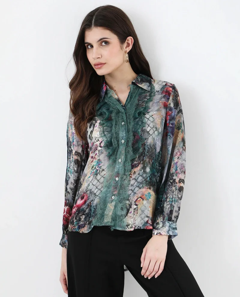 Rareism Women's Printed Shirt With Lace Detail