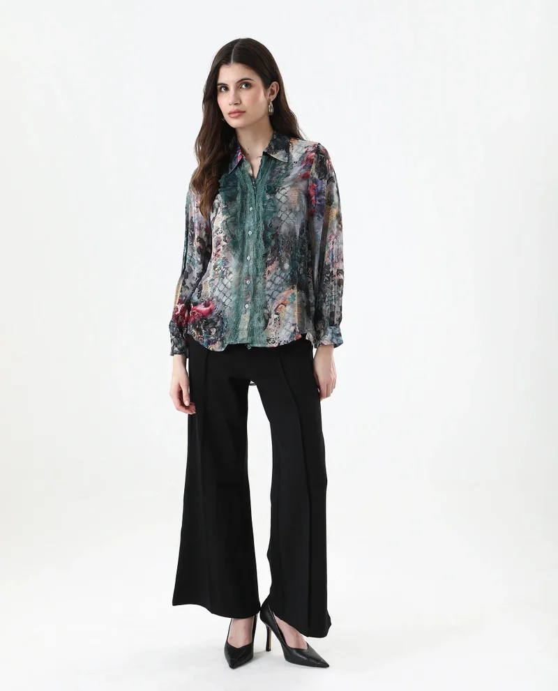 Rareism Women's Printed Shirt With Lace Detail