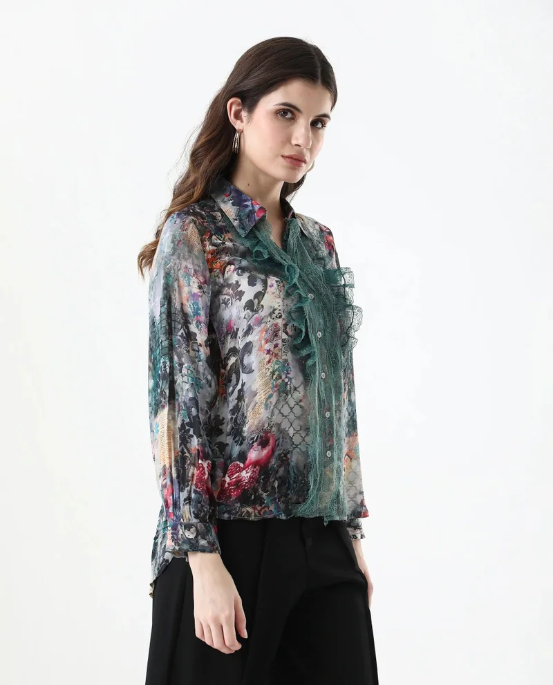 Rareism Women's Printed Shirt With Lace Detail