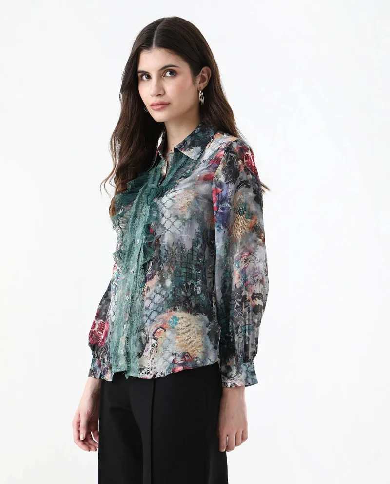 Rareism Women's Printed Shirt With Lace Detail