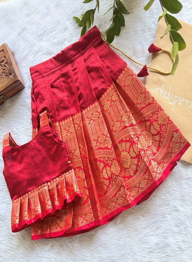 Picksparrow Baby Girl Pattu Pavadai/Kids Lehenga Choli (Pleated Top) (Red, 6-12 Months) - Image 2