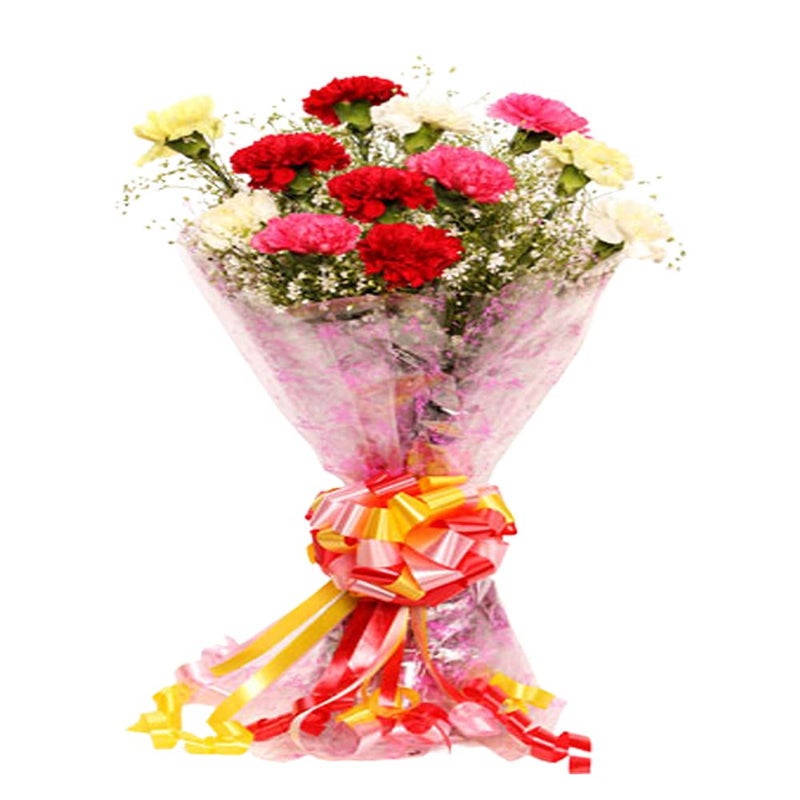 EG2i 12 Mixed Color Carnation with Seasonal Fillers Wrapping With Cellophane and Mixed Color Ribbon - Image 1