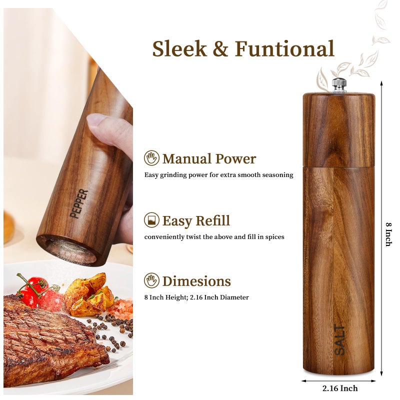XWXO 2 Pack Acacia Wooden Salt and Pepper Grinder Set 8 Inches Refillable Salt and Pepper Mills Adjustable Coarseness, Acacia Wood with Ceramic Core Peppercorn Shaker Tableware Birthday Gifts - Image 2