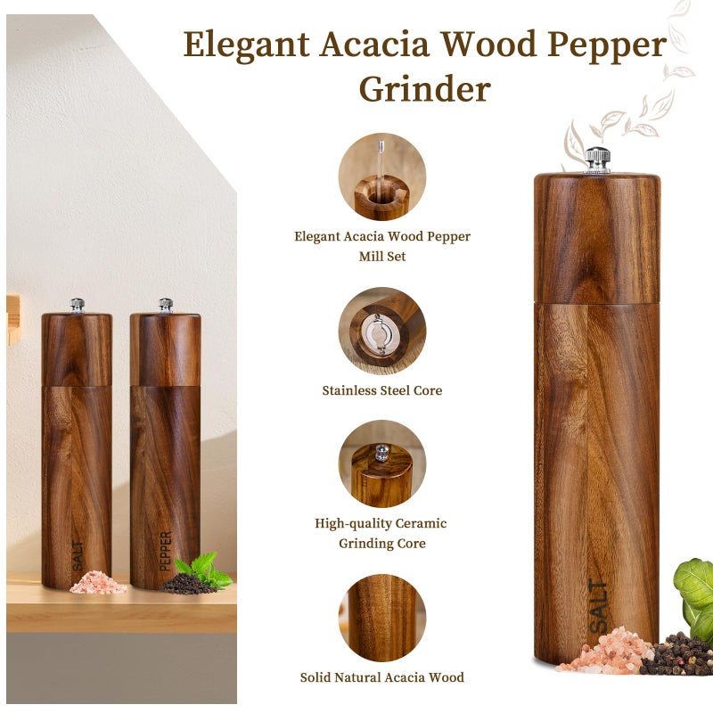 XWXO 2 Pack Acacia Wooden Salt and Pepper Grinder Set 8 Inches Refillable Salt and Pepper Mills Adjustable Coarseness, Acacia Wood with Ceramic Core Peppercorn Shaker Tableware Birthday Gifts - Image 4