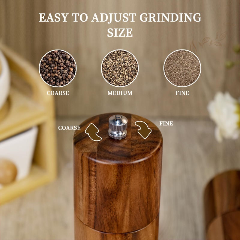 XWXO 2 Pack Acacia Wooden Salt and Pepper Grinder Set 8 Inches Refillable Salt and Pepper Mills Adjustable Coarseness, Acacia Wood with Ceramic Core Peppercorn Shaker Tableware Birthday Gifts - Image 5