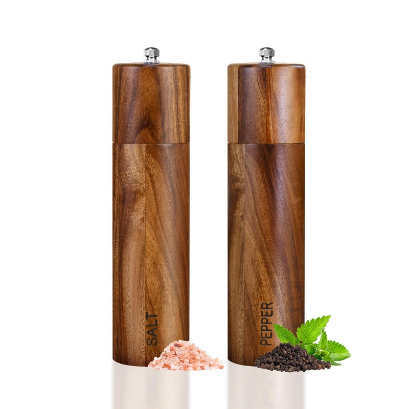 XWXO 2 Pack Acacia Wooden Salt and Pepper Grinder Set 8 Inches Refillable Salt and Pepper Mills Adjustable Coarseness, Acacia Wood with Ceramic Core Peppercorn Shaker Tableware Birthday Gifts - Image 1