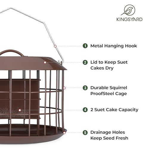 Kingsyard Squirrel Proof Suet Feeder, Cage Bird Feeders for Outdoors Hanging, All Metal, Double Suet Cake Capacity, Tray & Weatherproof, Brown - Image 4