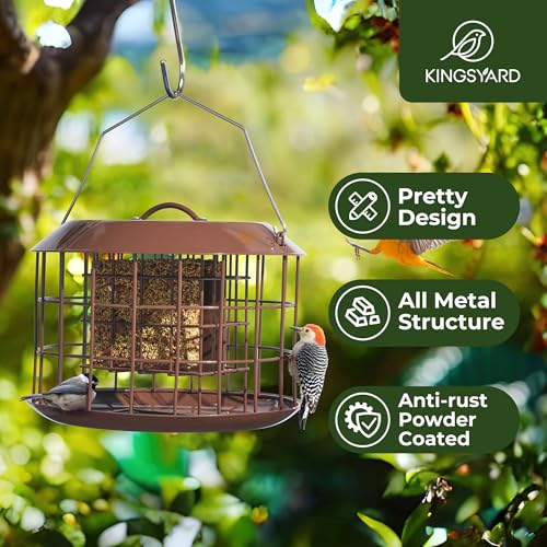 Kingsyard Squirrel Proof Suet Feeder, Cage Bird Feeders for Outdoors Hanging, All Metal, Double Suet Cake Capacity, Tray & Weatherproof, Brown - Image 2