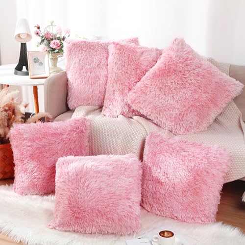 VitalCozy 6 Pcs Faux Fur Throw Pillow Covers Fluffy Couch Cushion 18 x 18 in Square Pillow Luxury Decorative Soft Pillowcase Zipper Closure for Sofa Couch Sleepover PartyPink - Image 1