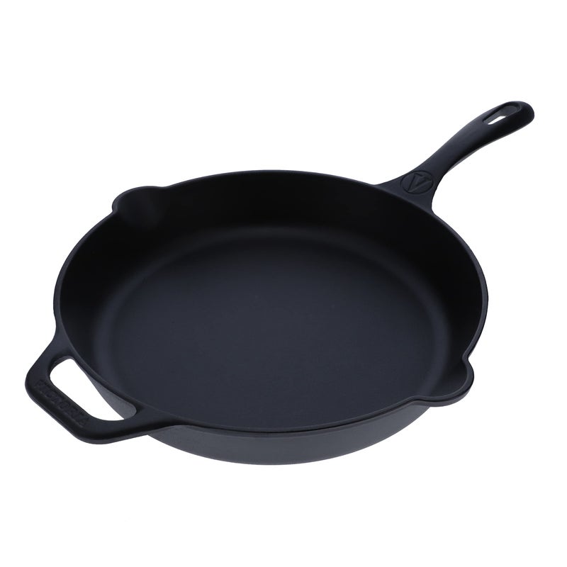 Victoria Victoria Cast Iron Skillet Large Frying Pan with Helper Handle Seasoned with 100 Kosher Certified NonGMO Flaxseed Oil 12 Inch Black 