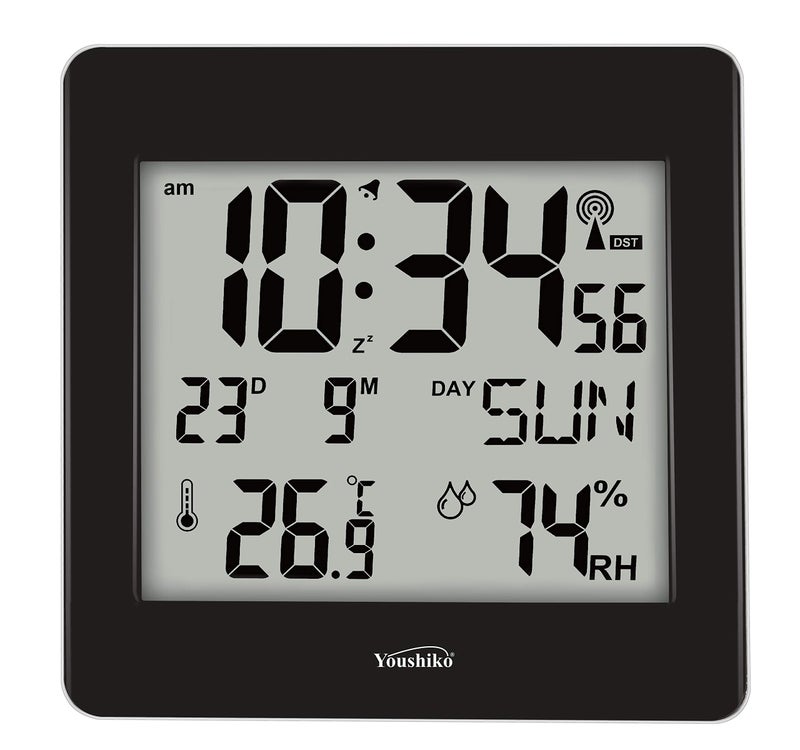 Youshiko Large Jumbo LCD Radio Controlled UK  Ireland VersionPremium QualityClear Display Silent Wall Clock with Temperature and Humidity display