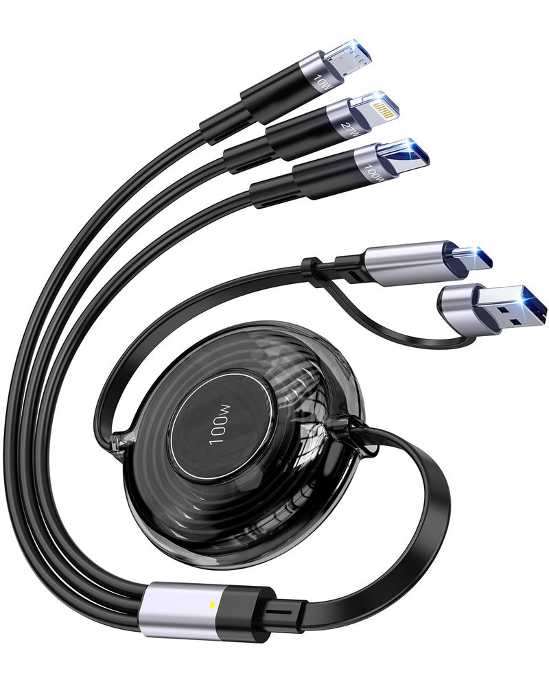 Ulyuhoda 100W Multi USB Charging Cable, 6-in-1 Retractable USB C/Lightning/Micro Multi Charger Cords for iPhones, iPads, MacBook, Tablets, Galaxy, Note & More - 4Ft/1.2M 5A Fast Charging, Portable, Black - Image 1