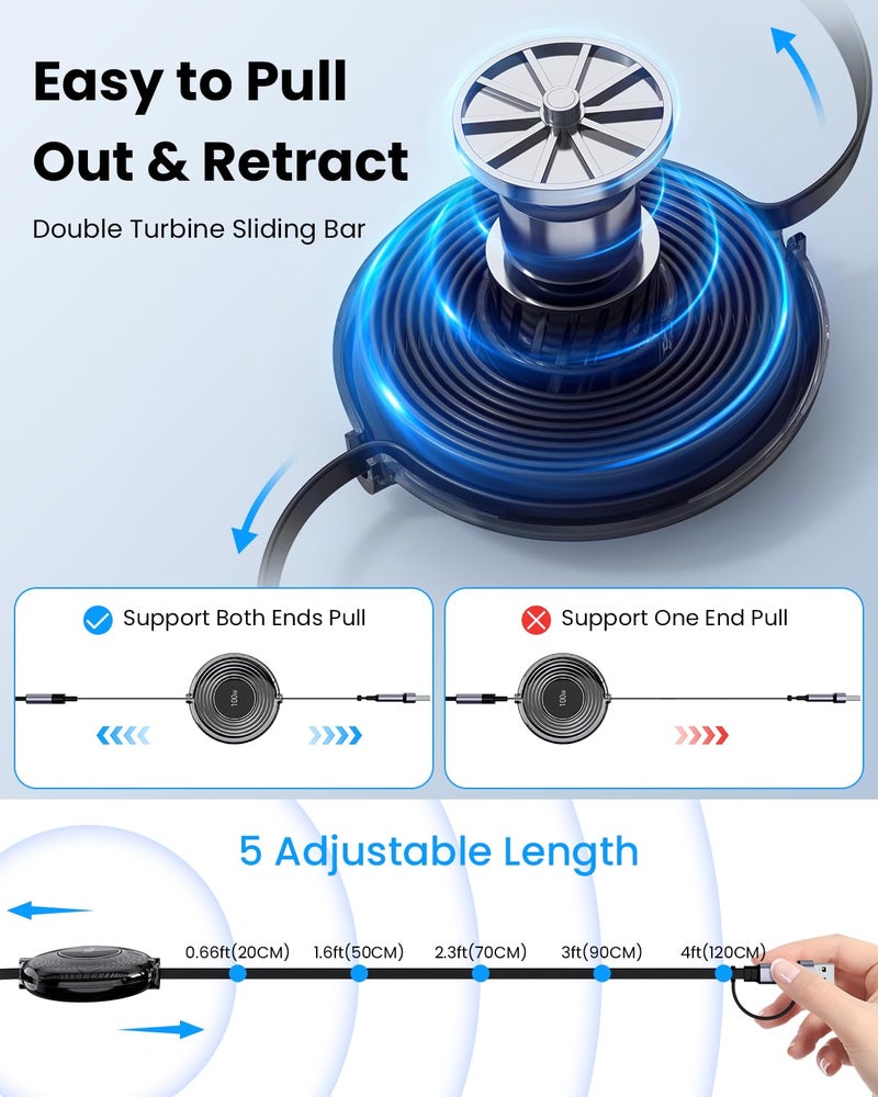 Ulyuhoda 100W Multi USB Charging Cable, 6-in-1 Retractable USB C/Lightning/Micro Multi Charger Cords for iPhones, iPads, MacBook, Tablets, Galaxy, Note & More - 4Ft/1.2M 5A Fast Charging, Portable, Black - Image 3