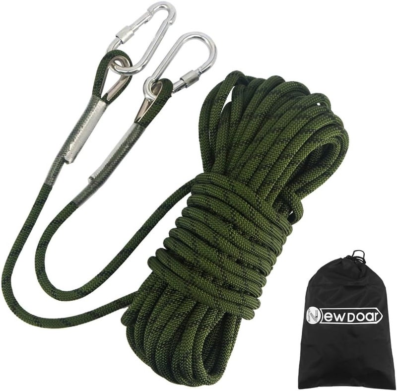 Newdoar Climbing Rope 8(5/16in),10mm (3/8in), High Strength Accessory Cord Rope with 2 Steel Hooks, for Outdoor Rescue Rappelling Rope Down Cliffs ledges Safety Escape Tow Strap Equipment(ArmyGreen) - Image 1