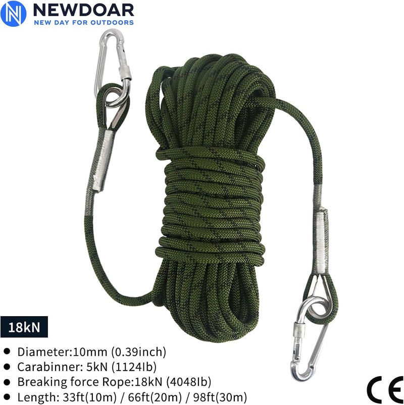 Newdoar Climbing Rope 8(5/16in),10mm (3/8in), High Strength Accessory Cord Rope with 2 Steel Hooks, for Outdoor Rescue Rappelling Rope Down Cliffs ledges Safety Escape Tow Strap Equipment(ArmyGreen) - Image 2