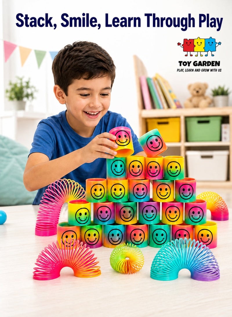 TOY GARDEN 24Pcs Rainbow Smiley Mini Spring Toys for Kids | Colorful Magic Coil Springs for Party Favors, Goody Bags, Return Gifts & Birthday Giveaways | Fun Spiral Slinky Toys Bulk Pack for Boys & Girls | Classroom Prizes & Pinata Fillers for Children - Image 1