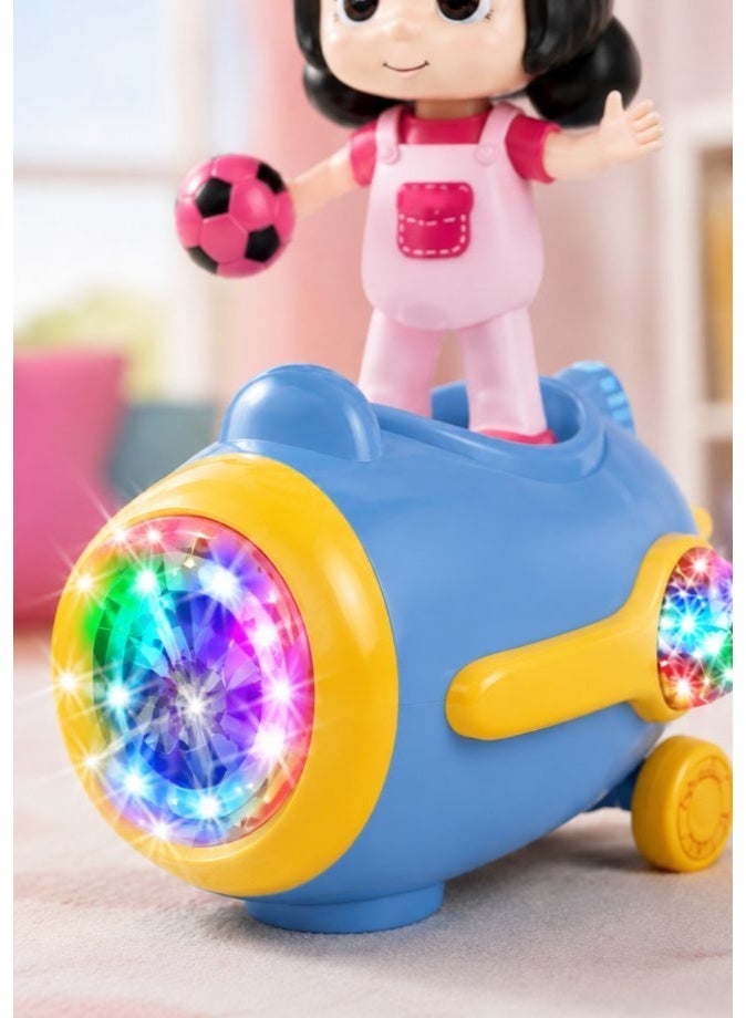 DAT Fashion Girl Doll Riding Plane Toy with Rainbow LED Spinning Lights & Music, Electric Moving Airplane Toy, Pink & Blue - Image 5