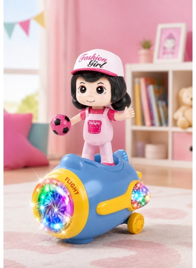 DAT Fashion Girl Doll Riding Plane Toy with Rainbow LED Spinning Lights & Music, Electric Moving Airplane Toy, Pink & Blue - Image 3