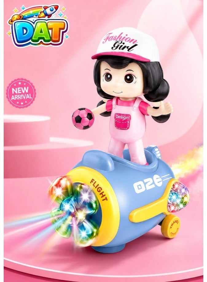 DAT Fashion Girl Doll Riding Plane Toy with Rainbow LED Spinning Lights & Music, Electric Moving Airplane Toy, Pink & Blue - Image 1