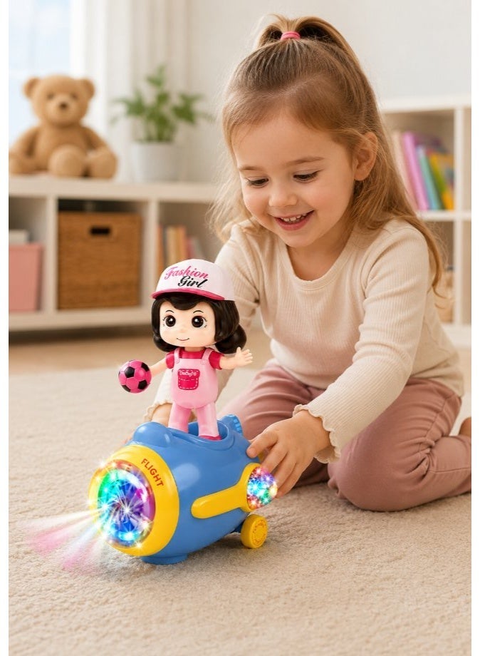 DAT Fashion Girl Doll Riding Plane Toy with Rainbow LED Spinning Lights & Music, Electric Moving Airplane Toy, Pink & Blue - Image 4
