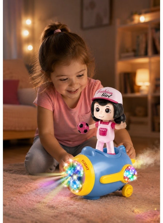 DAT Fashion Girl Doll Riding Plane Toy with Rainbow LED Spinning Lights & Music, Electric Moving Airplane Toy, Pink & Blue - Image 2