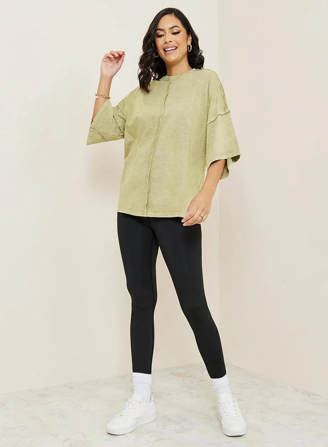 Styli Oversized Exaggerated Sleeve Washed T-Shirt with Exposed Seam