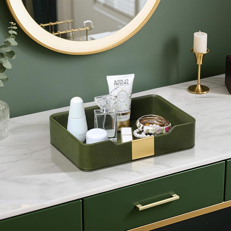 MEIBOOCH 10.2" x 6.7" Nightstand Organizer Tray with Gold Accent, Decorative Valet Trays Cologne Organizer for Men, Key Bowl Perfume Trinket Tray for Dresser Bedside Entryway Table (Dark Green) - Image 2