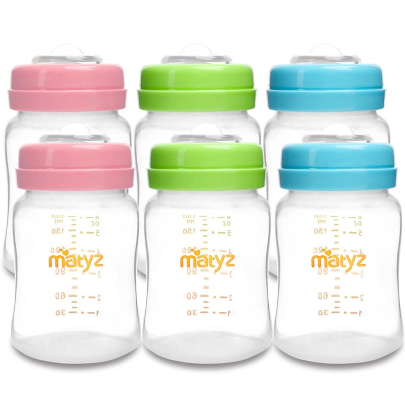 Matyz 6-PACK Breast Milk Storage Bottles (6oz, 3 Colors) - Wide Neck Breastmilk Collection and Storage Bottle - Formula Storage Bottles Compatible With Medela Avent Spectra Pumps - Image 1