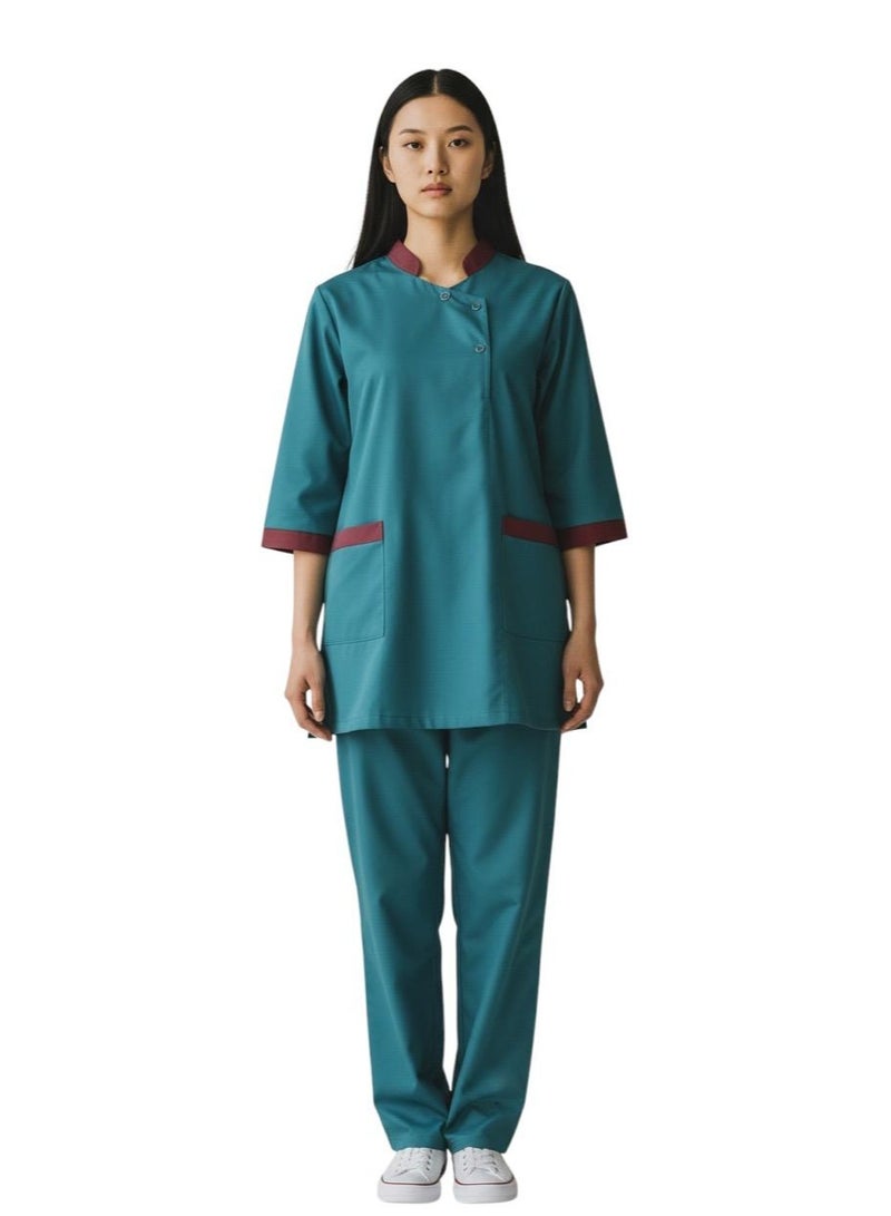 أزياء دي طقم زيّ تنظيف احترافي، بلوزة بأكمام 3/4 وبنطال، ياقة ماندرين. فستان زيّ خادمة منزلية. - Image 1