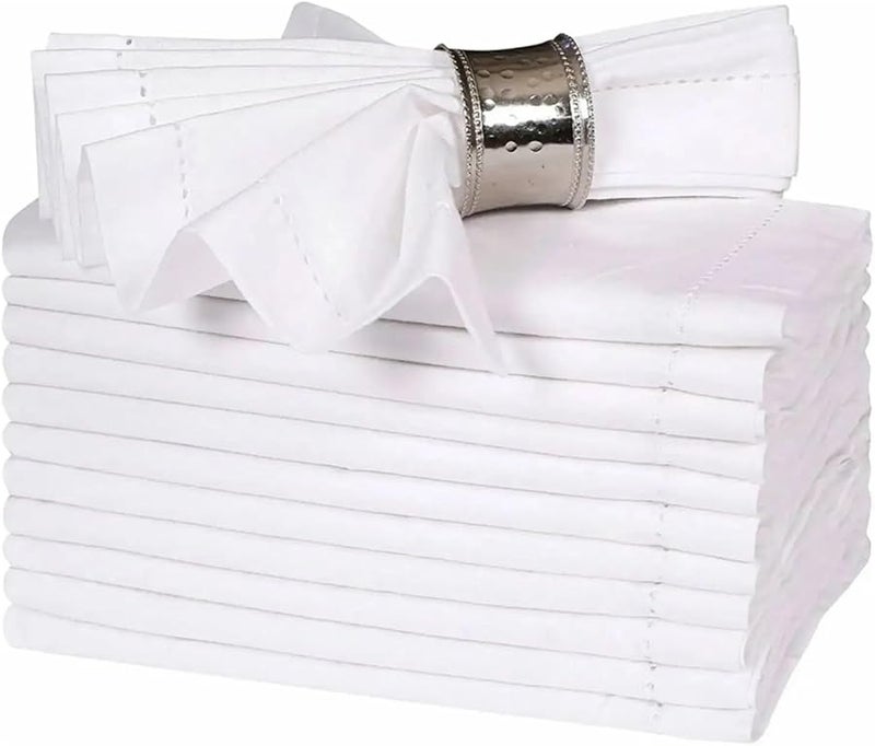 Set Of 6 White Hemstitched Linen Dinner Napkins Washable 45x45cm - Image 1
