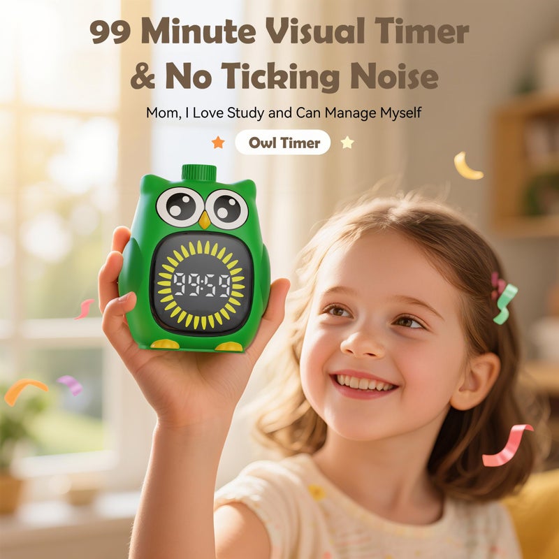 Doli Yearning Visual Timer for Kids, 99 Minute Cute Owl Digital Countdown Timer for Home School Classroom Supplies Study, Silent Time Management Tool (Green) - Image 2
