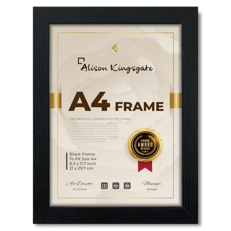 Alison Kingsgate Premium Picture Frame  A4 Size 297x21cm Black with Clear Perspex Sheet  Wall Mounted Hook