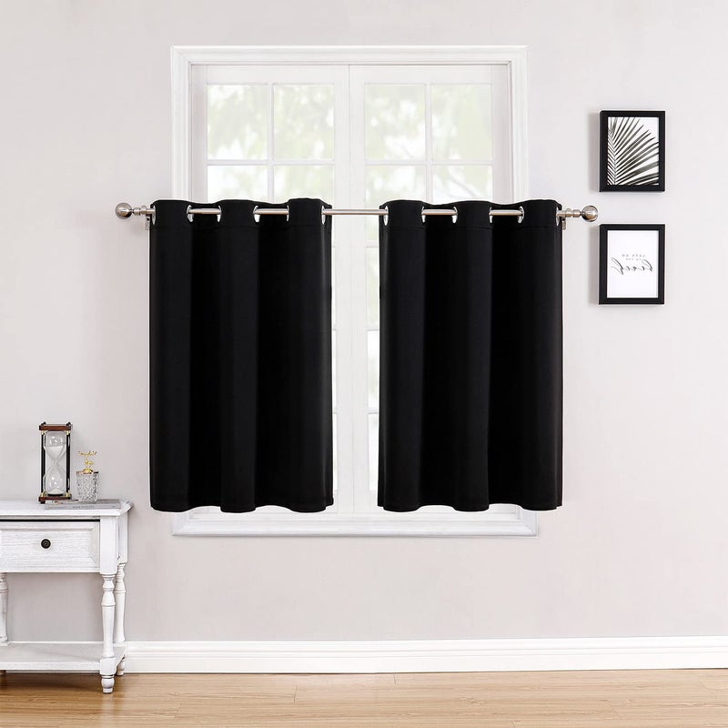 ChrisDowa Small Window Curtains for Kitchen and Bedroom - Grommet Short Thermal Insulated Room Darkening Curtains (2 Panels, Black, 34 x 36 Inch) - Image 1