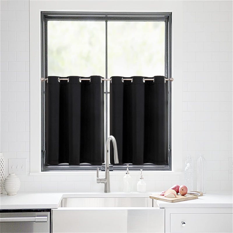 ChrisDowa Small Window Curtains for Kitchen and Bedroom - Grommet Short Thermal Insulated Room Darkening Curtains (2 Panels, Black, 34 x 36 Inch) - Image 2