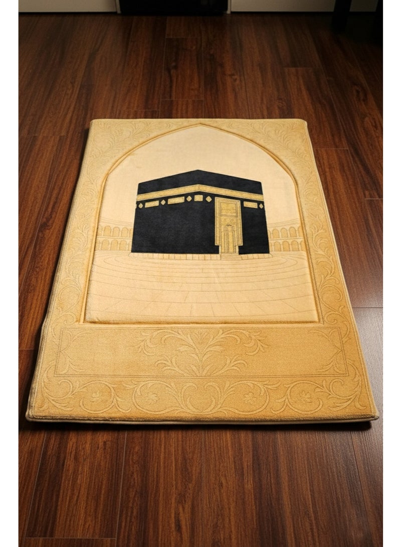 Fabienne Memory Foam Prayer Mat 70x110cm Thick Padded Muslim Prayer Rug with Knee Support Gift for Elderly People Cushioned Anti-Slip Lightweight 3D Design Janamaz Kaaba Print Salah Mat Golden Beige - Image 1