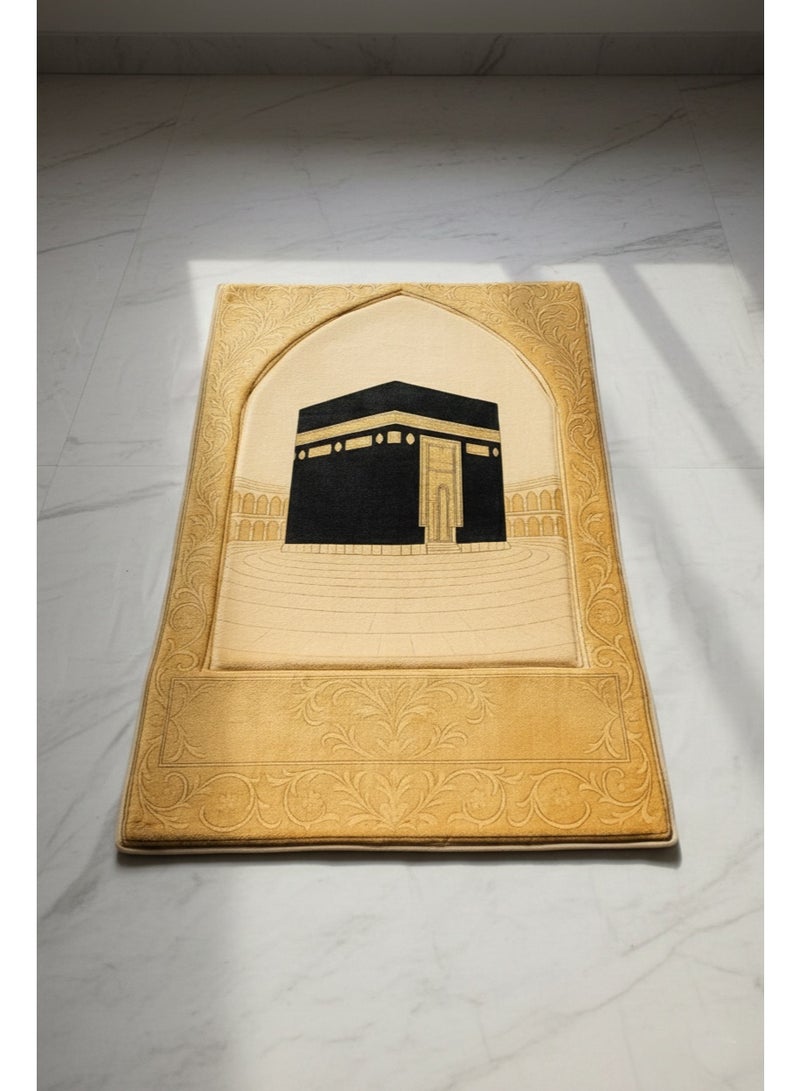 Fabienne Memory Foam Prayer Mat 70x110cm Thick Padded Muslim Prayer Rug with Knee Support Gift for Elderly People Cushioned Anti-Slip Lightweight 3D Design Janamaz Kaaba Print Salah Mat Golden Beige - Image 3