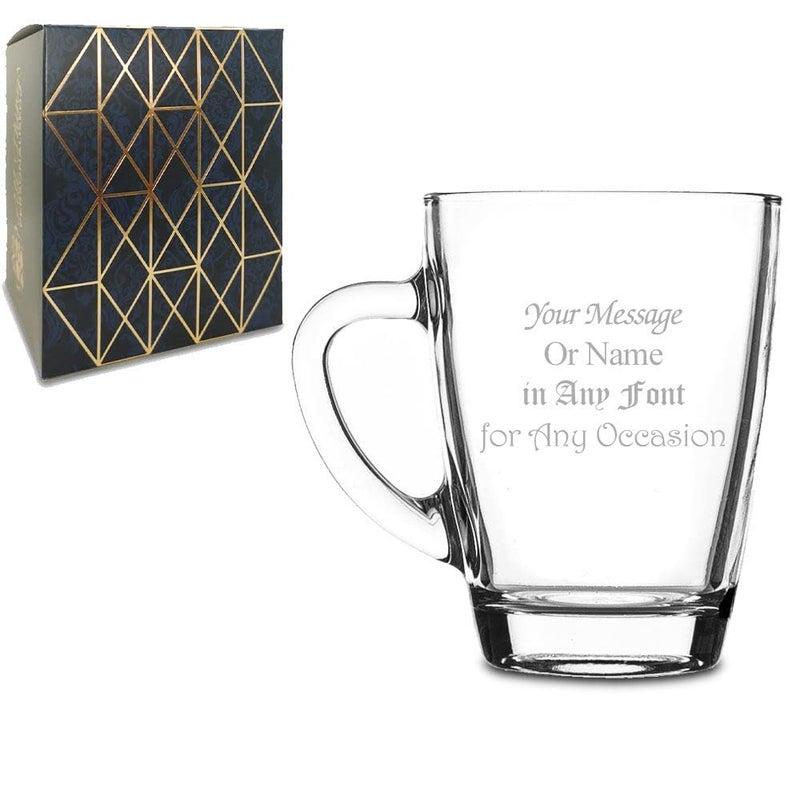 Personalised Engraved Cafe Glass Hot Drinks Mug with Gift Box Customise with Any Message