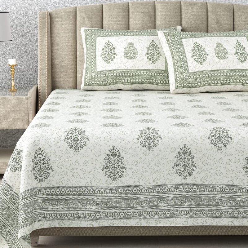 DE CAMA Since 1997 100 Cotton 300 TC Premium King Size Bedsheet for Double Bed 90 x 108 Inch with 2 Pillow Covers Set 17 x 27 Inch Designer Printed Bedsheet Set Green