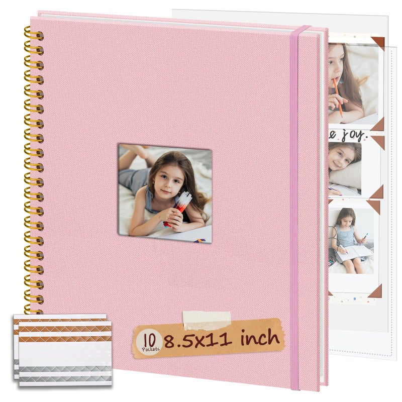 Hiwhy 8.5x11 Inch Scrapbook Photo Album, Linen Cover DIY Scrapbooks with 10 Sheets Plastic Sleeves 20 Pages Memory Book for Wedding Birthday Baby Travel (Pink) - Image 1